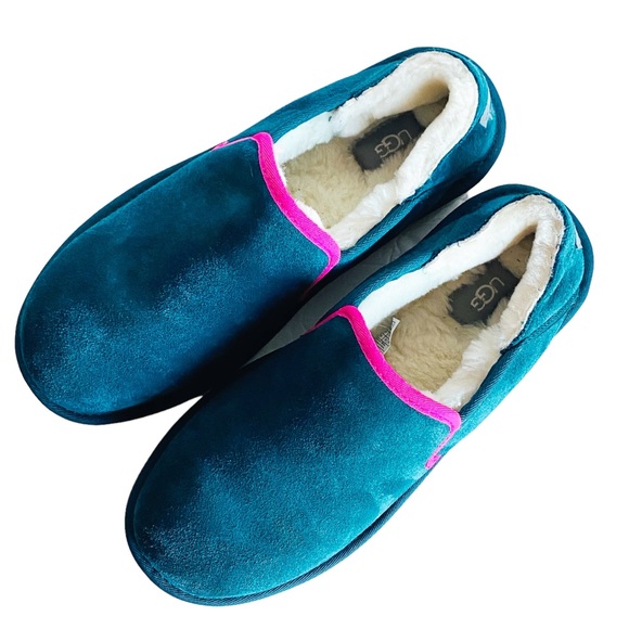 UGG Kenton Men's Slippers Sz 10 M Deep Teal Suede Slipper Sheepskin Fur Shoes - Picture 2 of 13